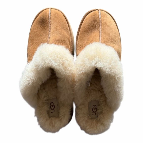 UGG Disquette Chestnut Suede Platform Slippers 9 Sheepskin Fur 1122550 Coquette - Picture 12 of 12